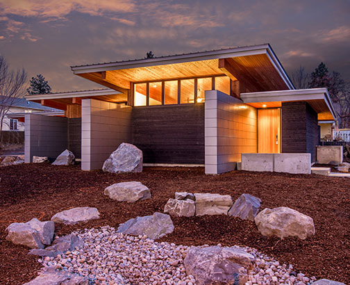 Exterior photo of modern home with Metal fascia wrap and aluminum architectural panels.